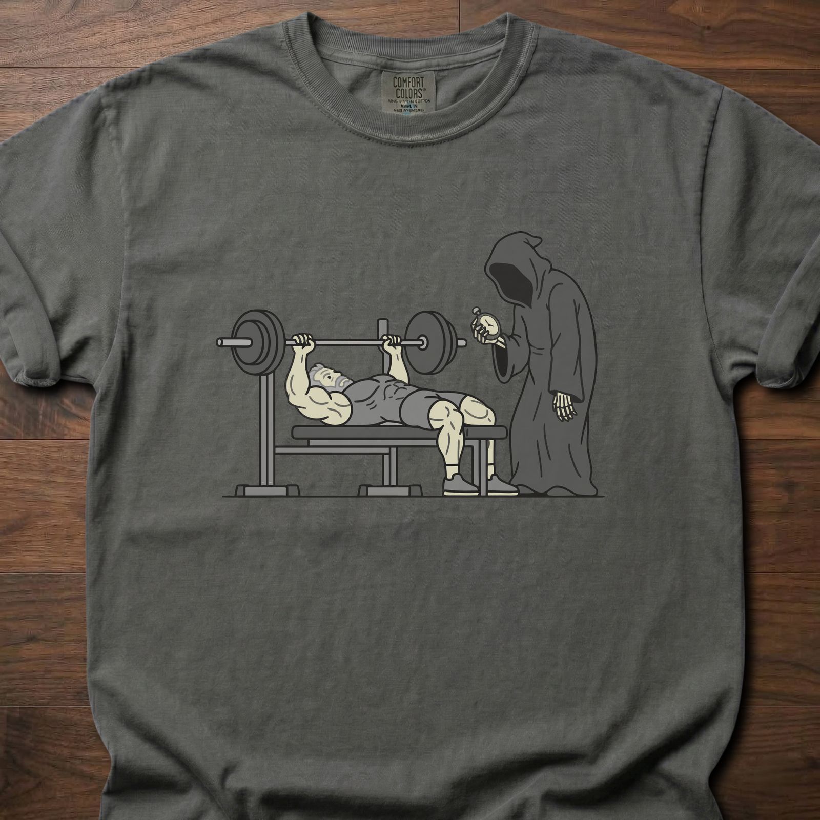 You'll Have To Wait fitness lifestyle apparel featuring muscular lifter bench pressing with grim reaper waiting – Pepper